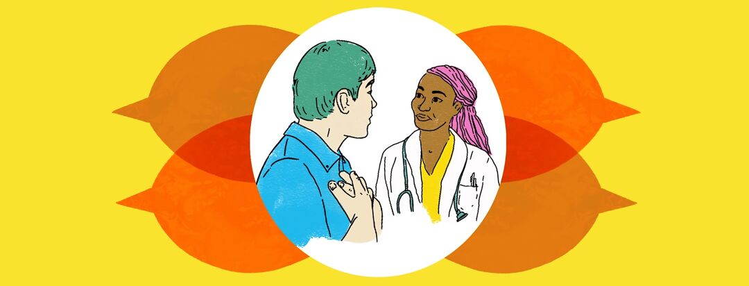 A person talks to a doctor surrounded by red speech bubbles